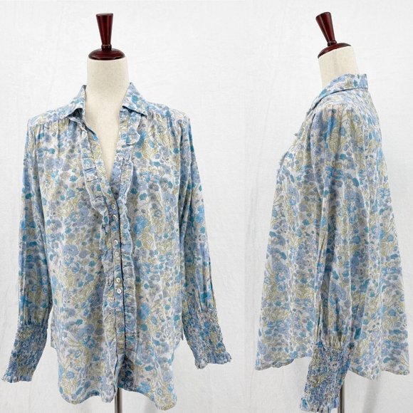 Free People Blue Floral Button Front Top Long Sleeve Cottage Bohemian - Picture 2 of 9